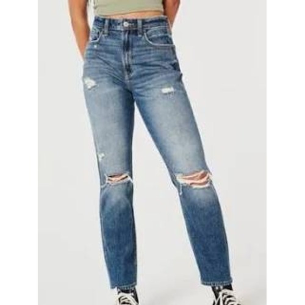 Hollister Ultra High-Rise Distressed Mom Jean Women 000S W23S Blue